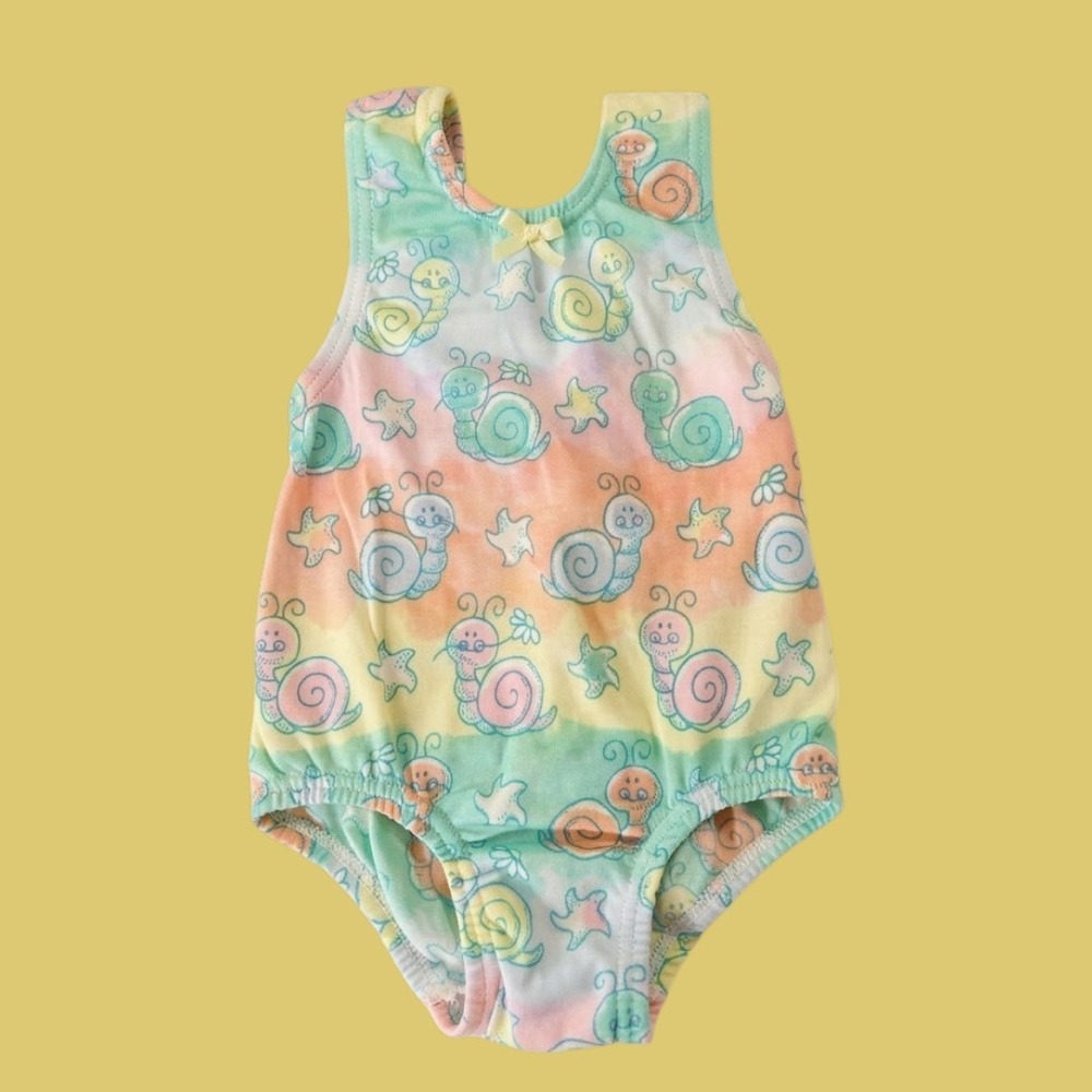 Vintage Baby Girls Rainbow Snail Starfish One Piece Swimsuit Pastel 0-2M